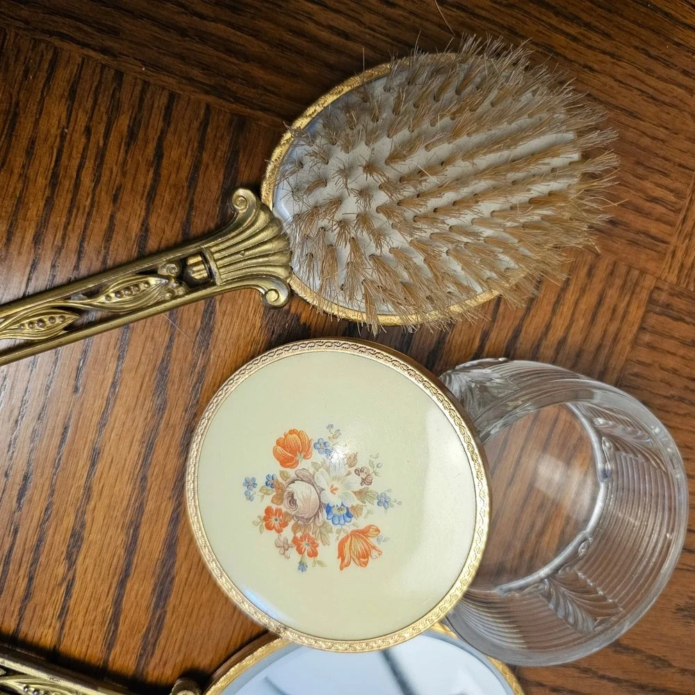 Vintage 3pc Vanity Set Floral‎ Enamel Gold Filigree Mirror Brush Crystal Jar